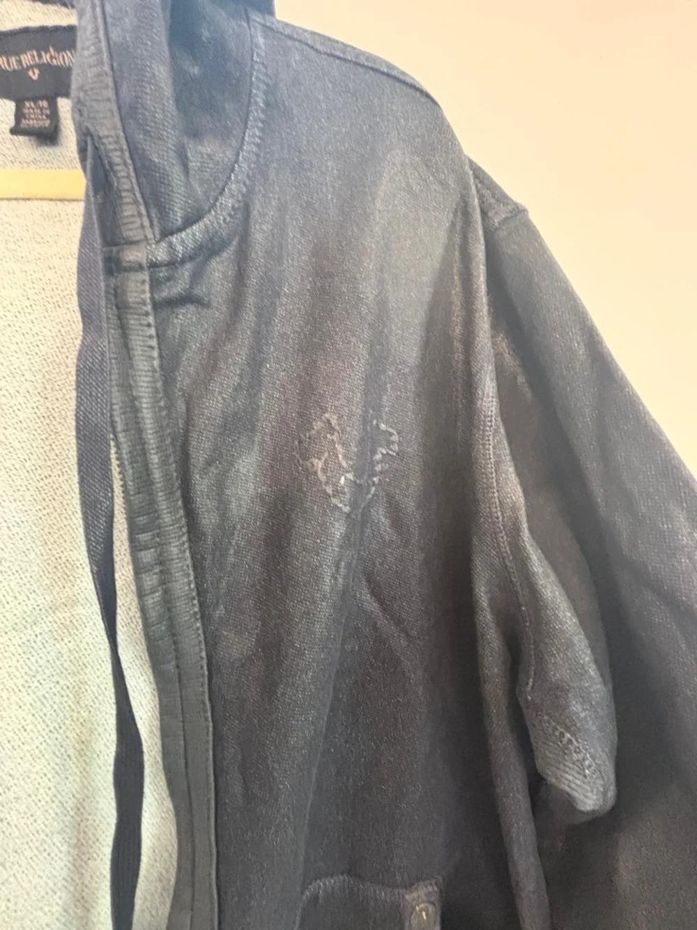 True Religion Zip Up Hoodie Black Coated Denim Men's Size XL Tonal Logo